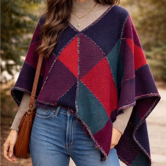 Handmade Sweaters - Handmade Southwestern Patchwork Poncho One Size Boho Festival Jewel Tone